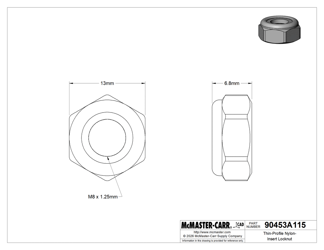 Technical Drawing of Thin-Profile Nylon-Insert Locknut, Zinc-Plated Low-Strength Steel, M8 x 1.25 mm Thread Size.